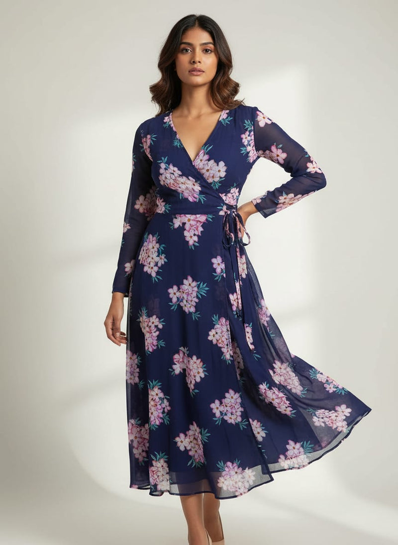 Navy Pink Desert Rose Floral Bouquets Weightless Digital Printed Fabric