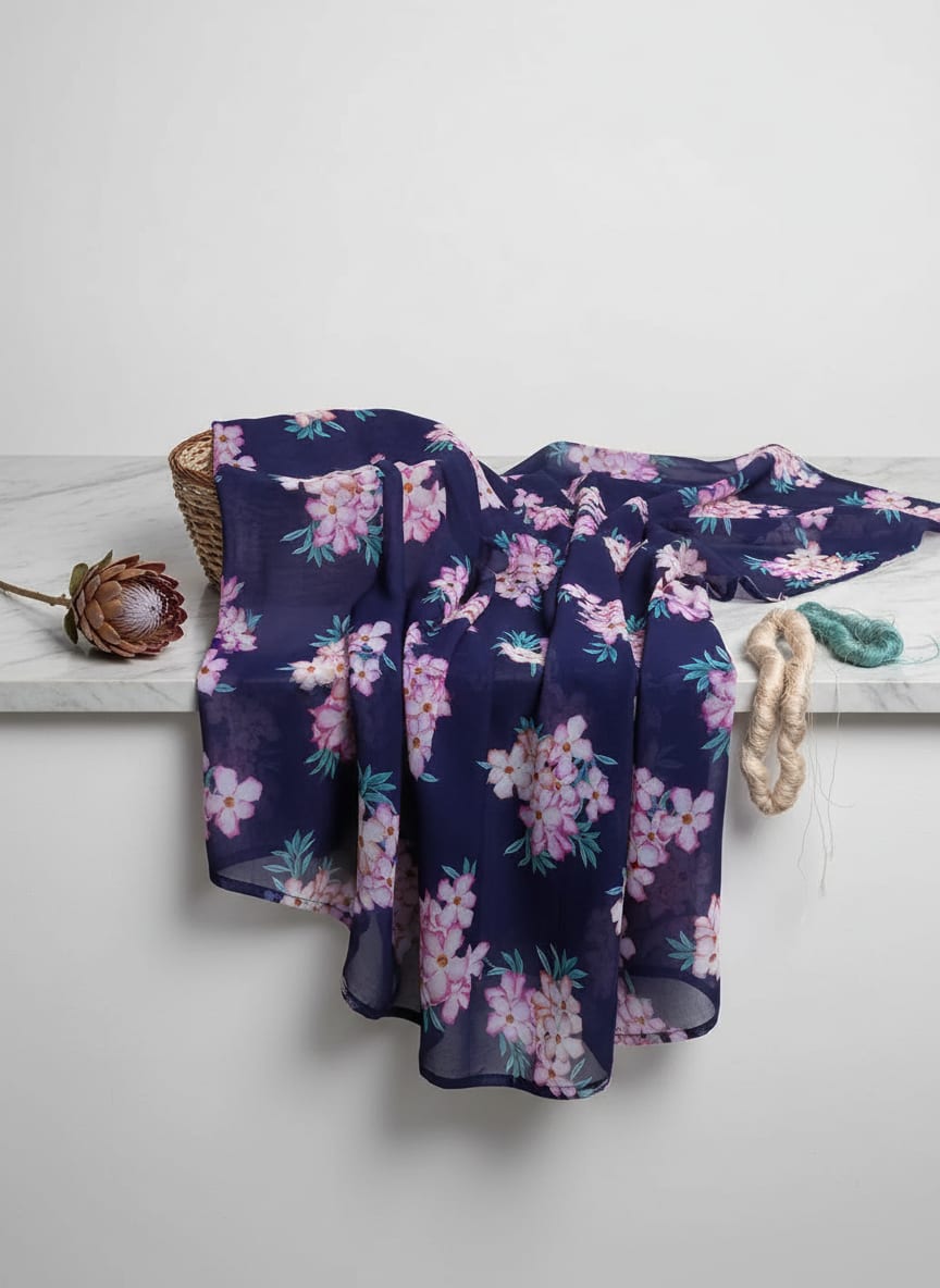 Navy Pink Desert Rose Floral Bouquets Weightless Digital Printed Fabric
