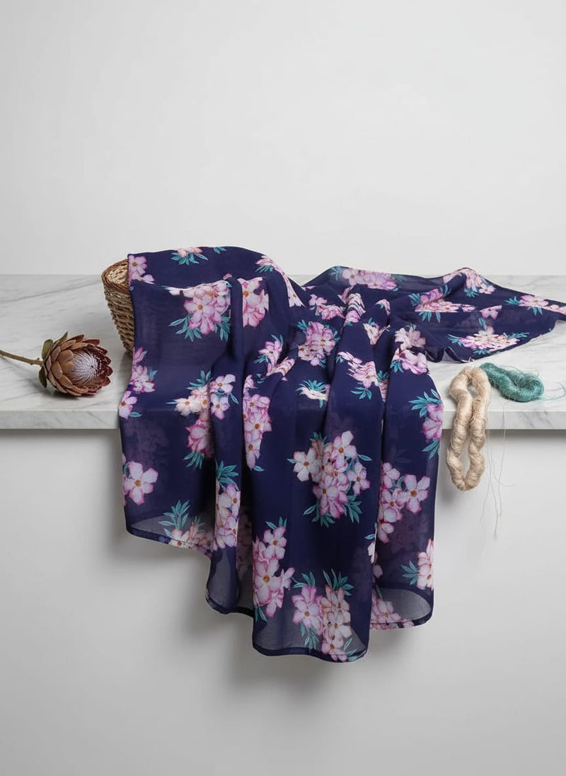 Navy Pink Desert Rose Floral Bouquets Weightless Digital Printed Fabric