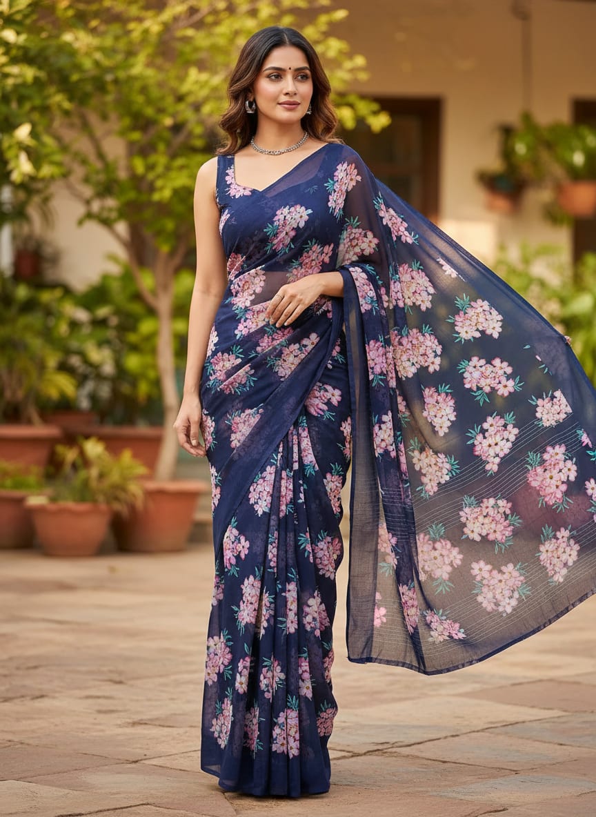 Navy Pink Desert Rose Floral Bouquets Weightless Digital Printed Fabric