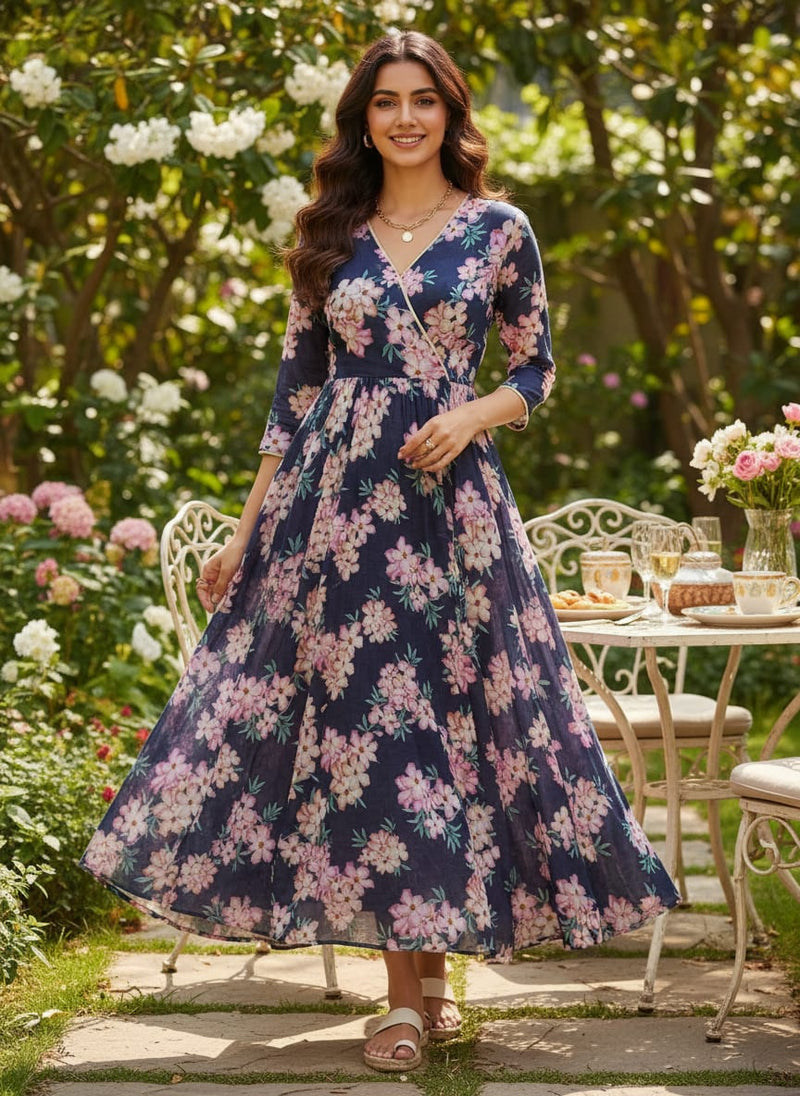 Navy Blossoming Floral Bouquets Muslin Digital Printed Fabric