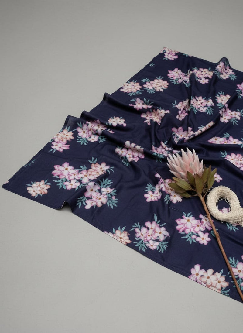 Navy Blossoming Floral Bouquets Muslin Digital Printed Fabric