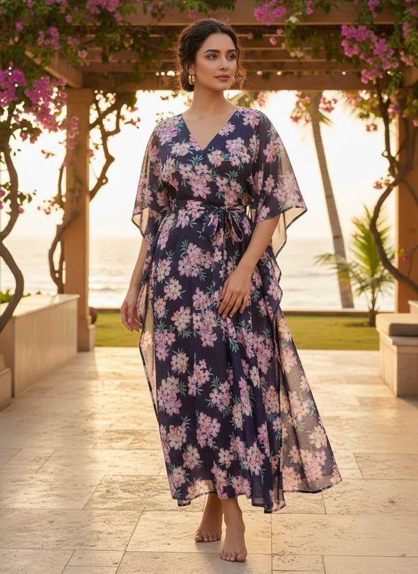 Navy Blossoming Floral Bouquets Muslin Digital Printed Fabric - Kaftan Lookbook - MU-0-TA07525-110 - alternate view
