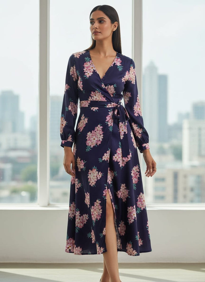 Violet Flower Bunch Digital Printed Fabric - Crepe