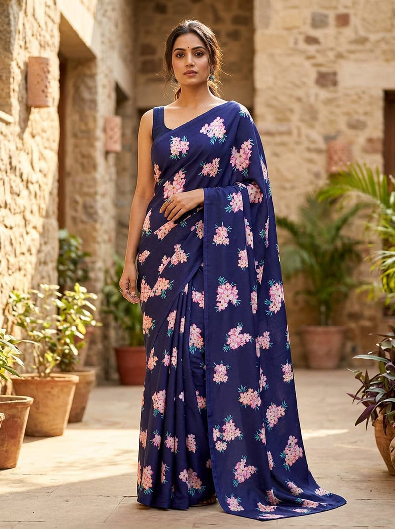 Navy Pink Floral Bouquets Silk Crepe Digital Printed Fabric