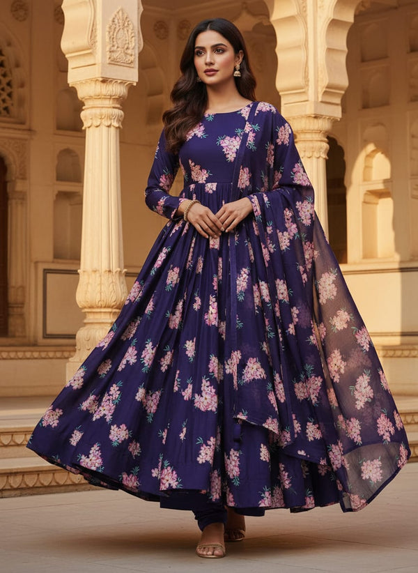 Violet Flower Bunch Digital Printed Fabric - Crepe - Anarkali Kurta Set Lookbook - CR-0-TA07525-110 - alternate view