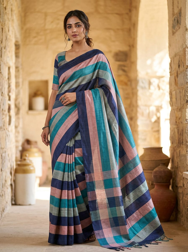 Multicolor Bold Horizontal Stripes Tusser Silk Digital Printed Fabric