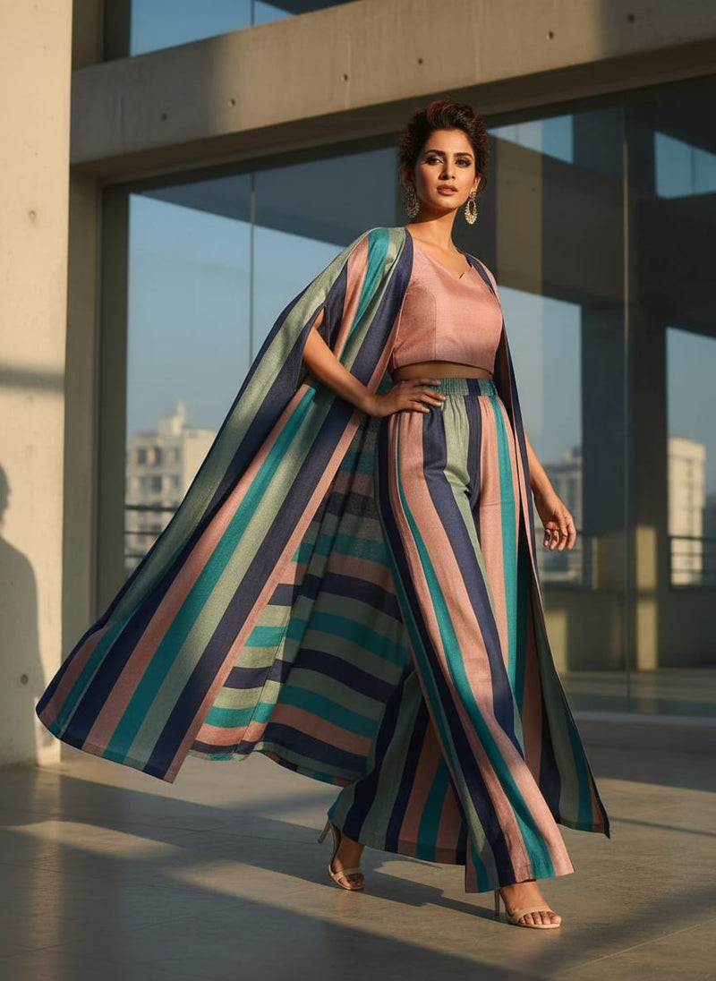 Subtle Colour Stripes Digital Printed Fabric - Tusser Silk