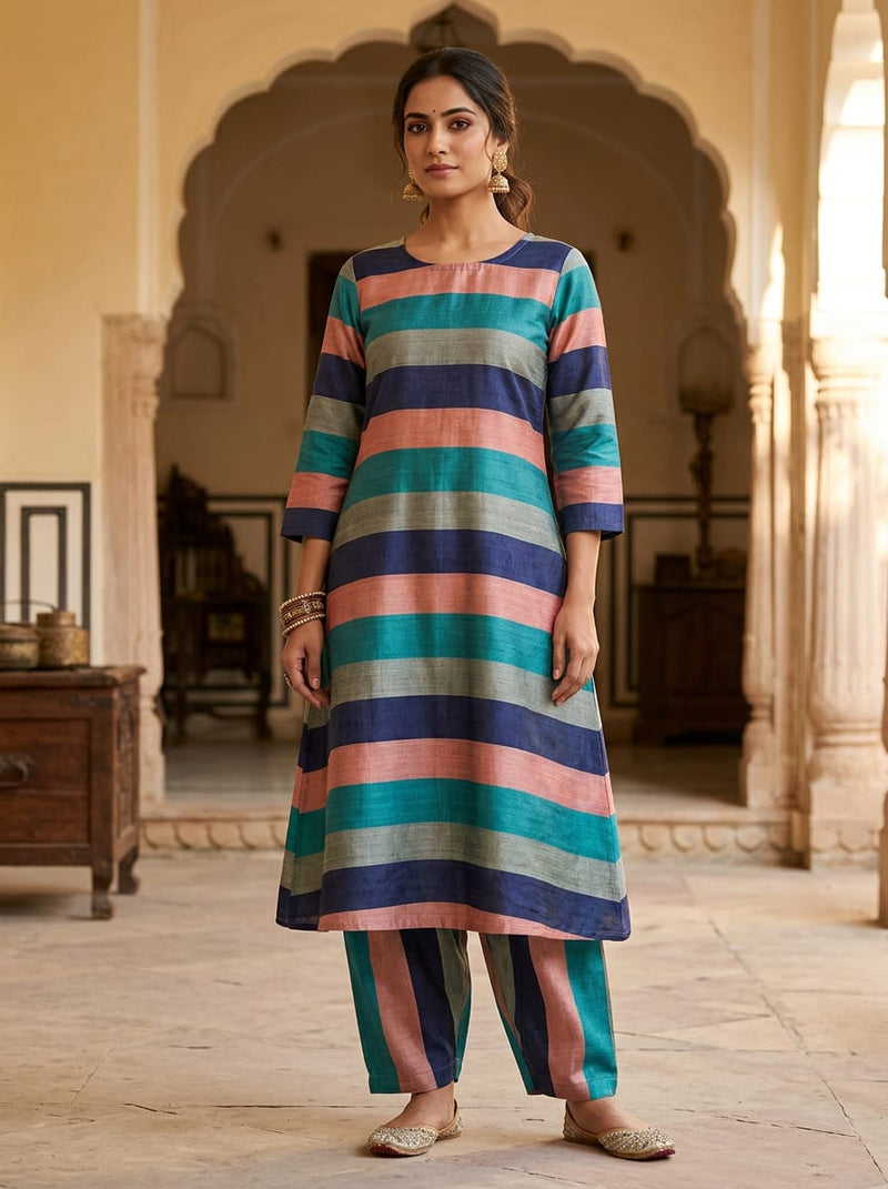 Multicolor Bold Horizontal Stripes Tusser Silk Digital Printed Fabric