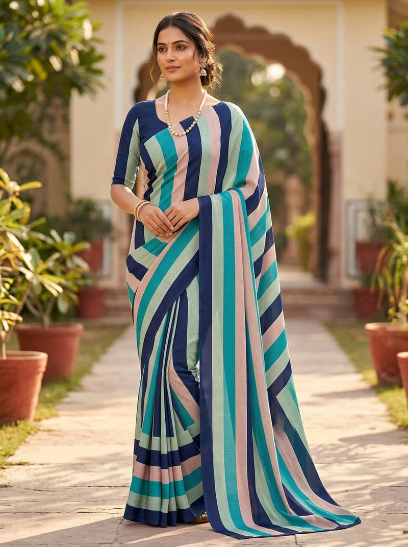 Multicolor Wavy Vertical Stripes Kora Silk Digital Printed Fabric