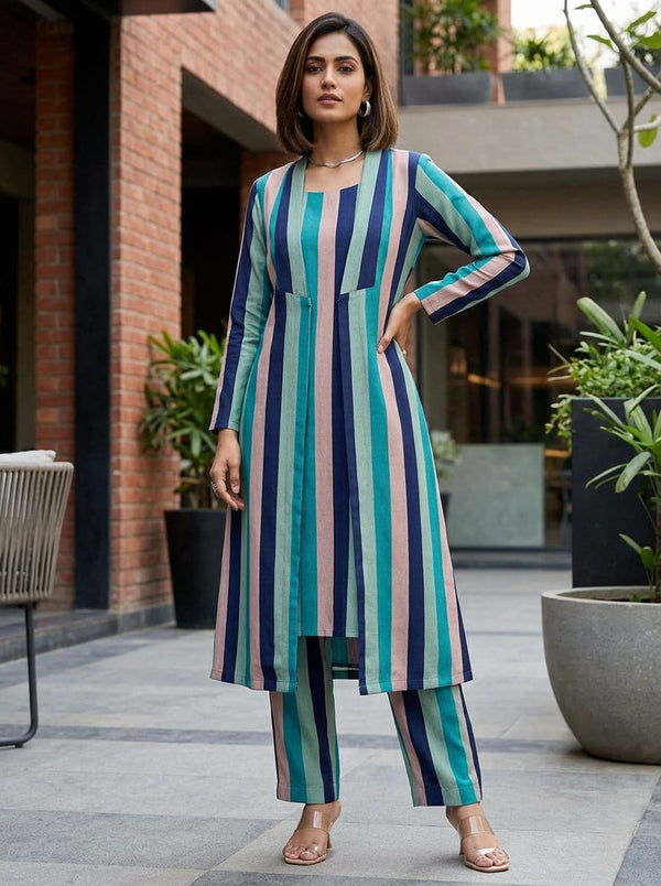 Multicolor Wavy Vertical Stripes Kora Silk Digital Printed Fabric - Jacket Kurta with Straight Pants Lookbook - KS-0-TA07534-110 - alternate view