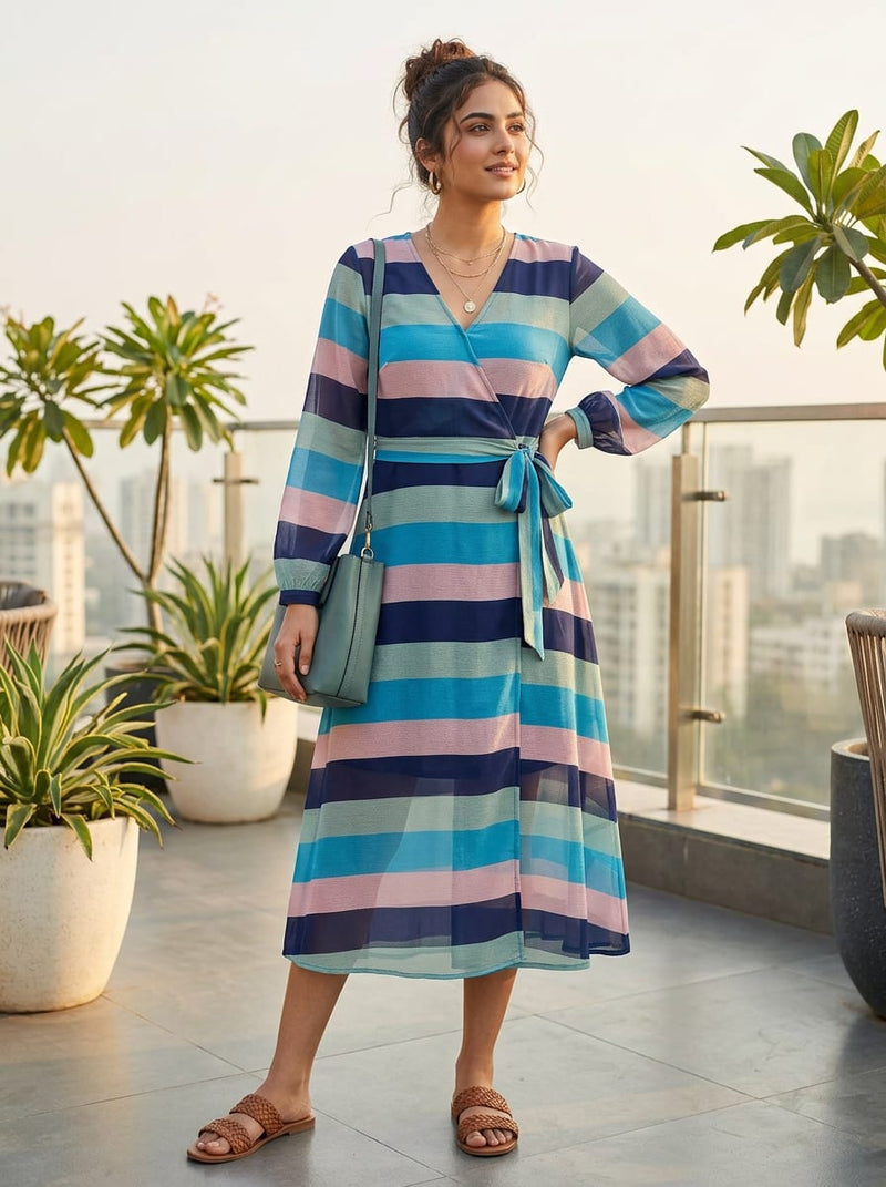 Multicolor Bold Colorblock Stripes Weightless Digital Printed Fabric