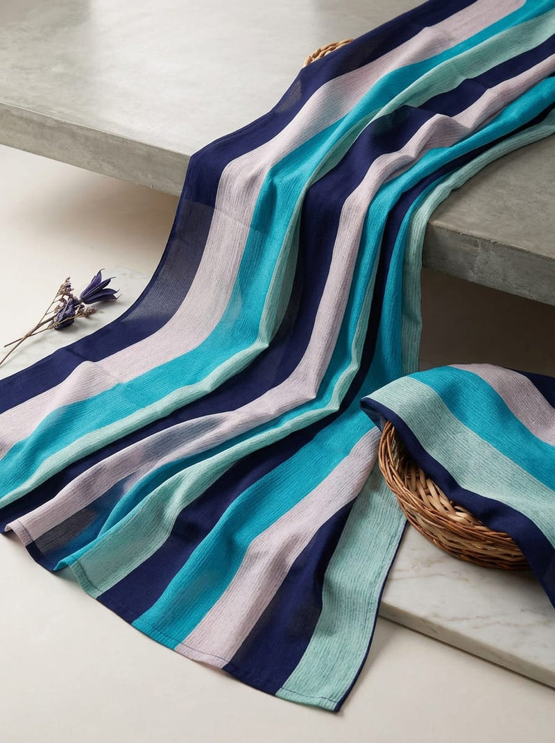 Multicolor Cool Toned Bold Striped Muslin Digital Printed Fabric