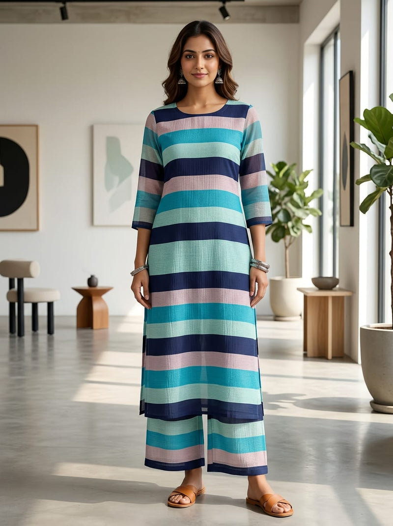 Multicolor Cool Toned Bold Striped Muslin Digital Printed Fabric