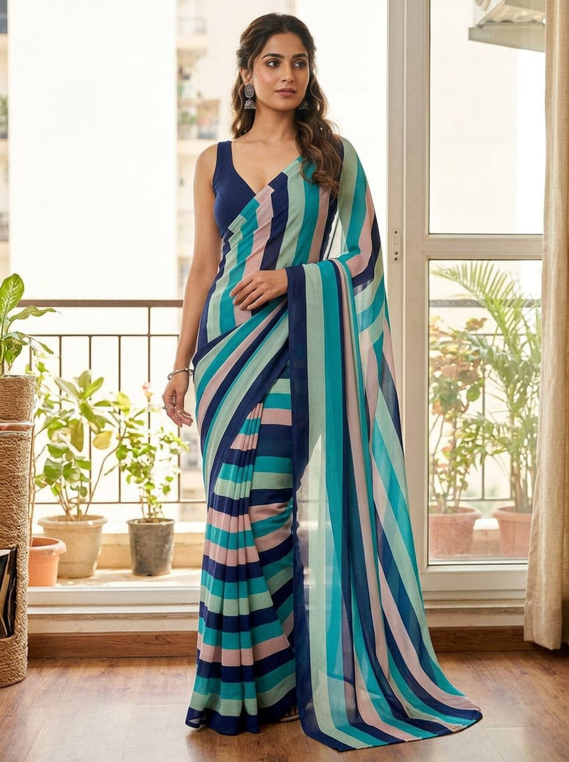 Multicolor Modern Colorblock Stripes Pure Georgette Digital Printed Fabric