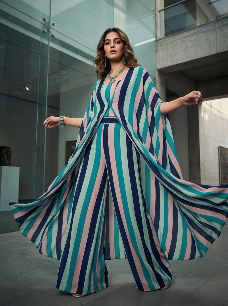 Multicolor Modern Colorblock Stripes Pure Georgette Digital Printed Fabric