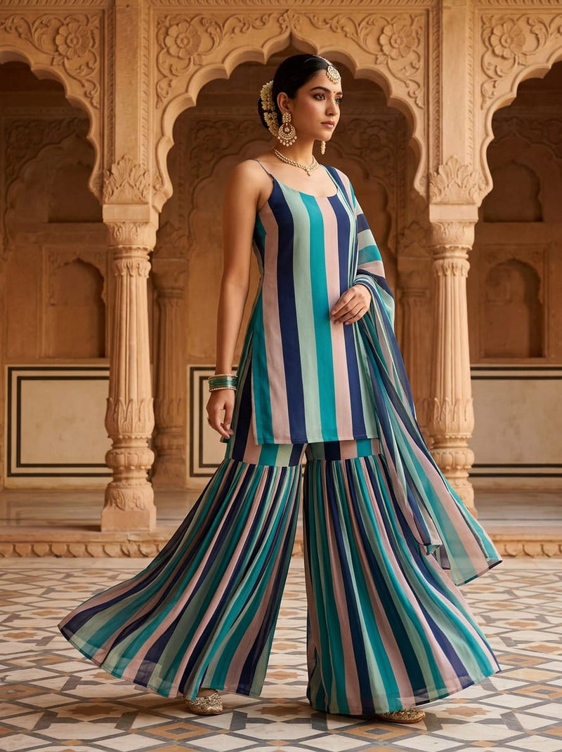 Multicolor Modern Colorblock Stripes Pure Georgette Digital Printed Fabric
