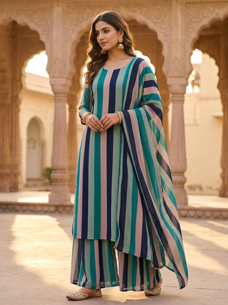 Multicolor Modern Colorblock Stripes Pure Georgette Digital Printed Fabric