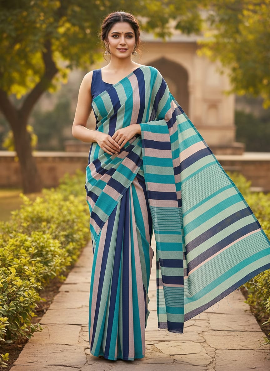 Multicolor Wavy Vertical Stripes Pure Chinon Digital Printed Fabric