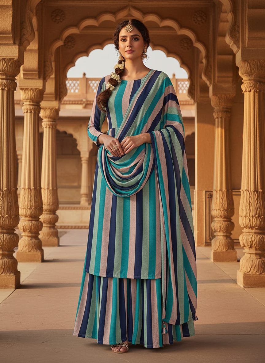 Multicolor Wavy Vertical Stripes Pure Chinon Digital Printed Fabric