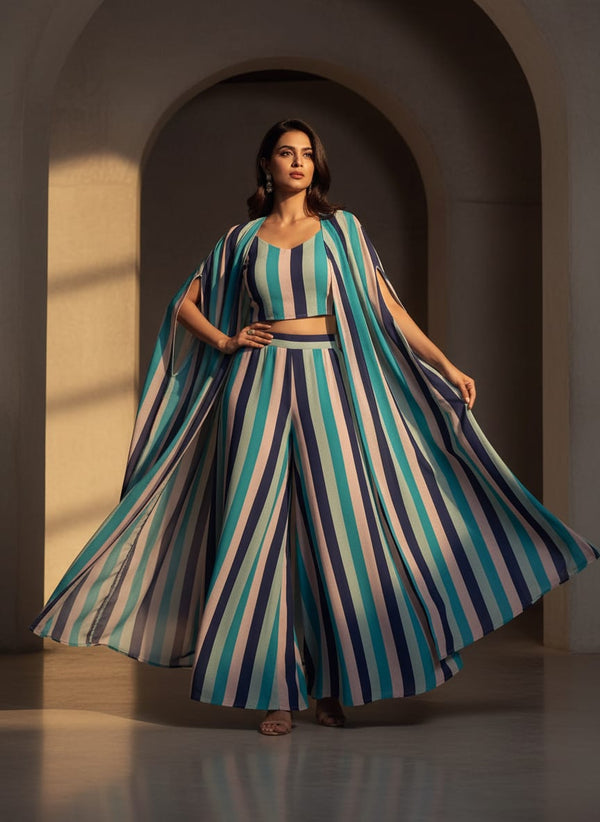 Subtle Colour Stripes Digital Printed Fabric - Pure Chinon - Cape with Palazzo Lookbook - PC-0-TA07534-106 - alternate view