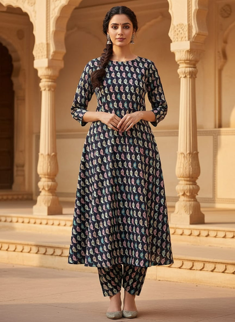 Multicolor Stylized Geometric Vessel Print Tusser Silk Digital Printed Fabric