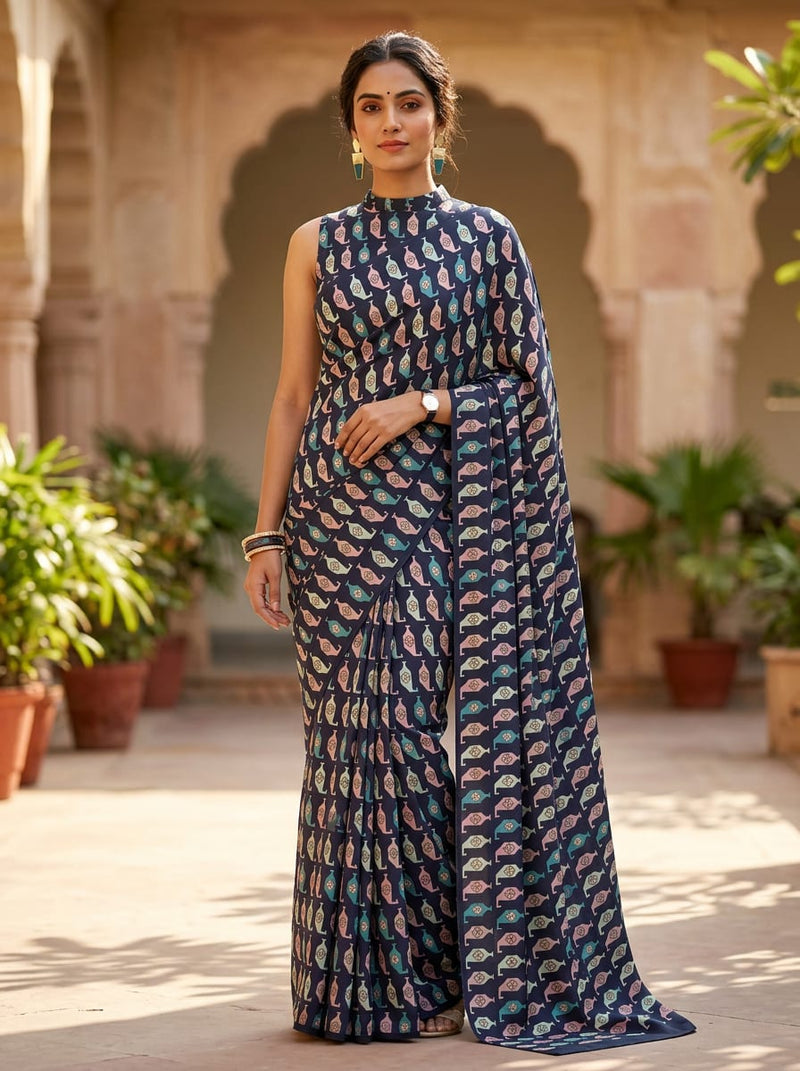 Multicolor Stylized Geometric Motifs Kora Silk Digital Printed Fabric