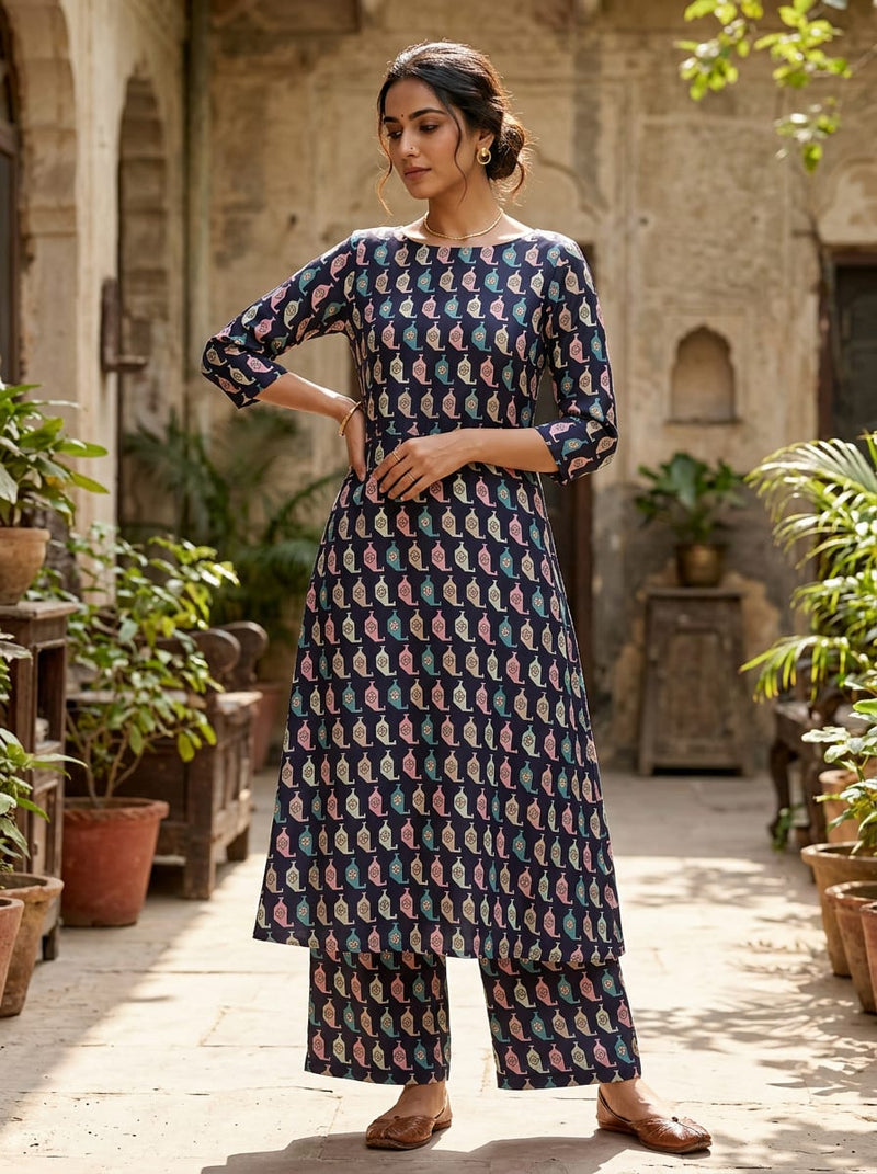 Multicolor Stylized Geometric Motifs Kora Silk Digital Printed Fabric