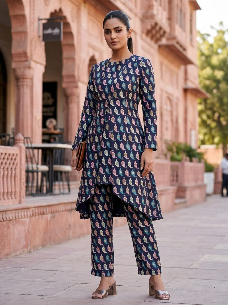 Multicolor Stylized Geometric Motifs Kora Silk Digital Printed Fabric