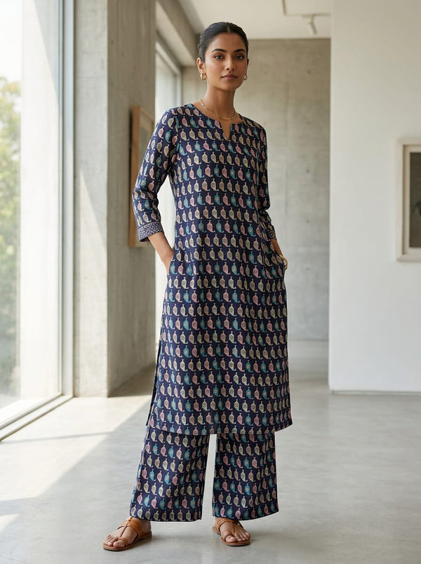 Navy Stylized Geometric Bottle Motifs Muslin Digital Printed Fabric - Straight Kurta with Palazzo Lookbook - MU-0-TA07535-110 - alternate view