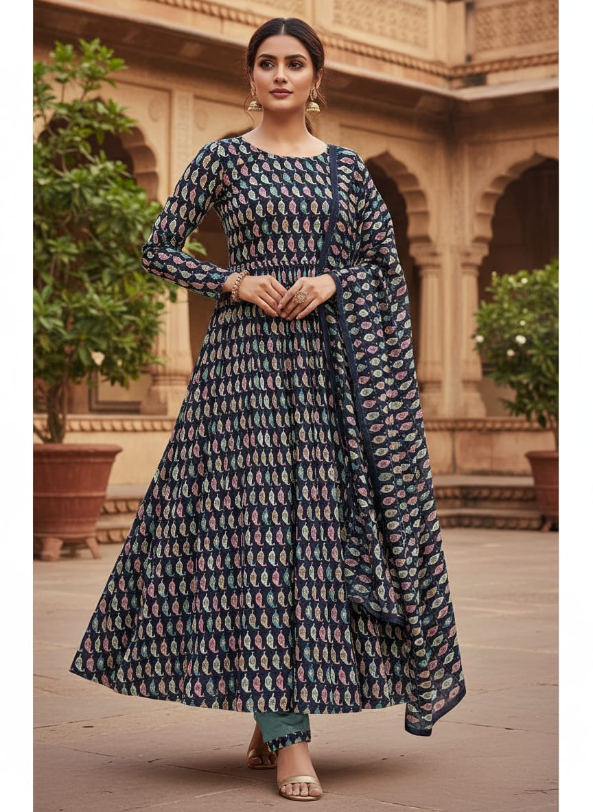 Navy Geometric Ethnic Motif Upada Silk Digital Printed Fabric