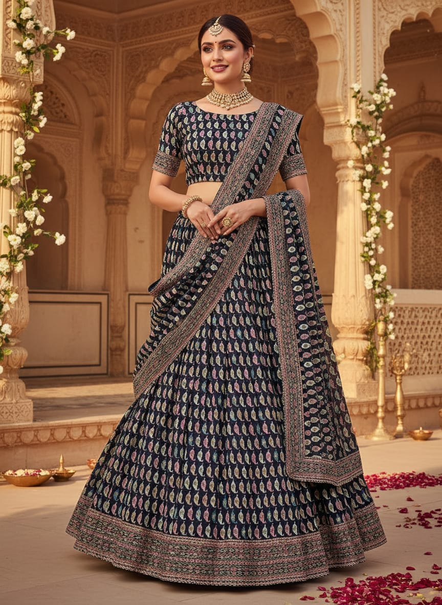 Navy Geometric Ethnic Motif Upada Silk Digital Printed Fabric