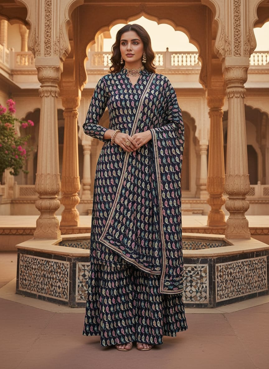 Stylized Leaf Motif Allover Digital Printed Fabric - Upada Silk
