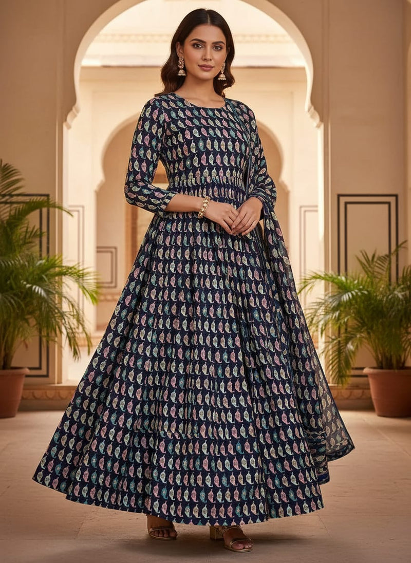 Navy Geometric Ethnic Motif Upada Silk Digital Printed Fabric