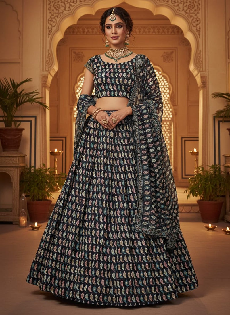 Navy Geometric Ethnic Motif Upada Silk Digital Printed Fabric