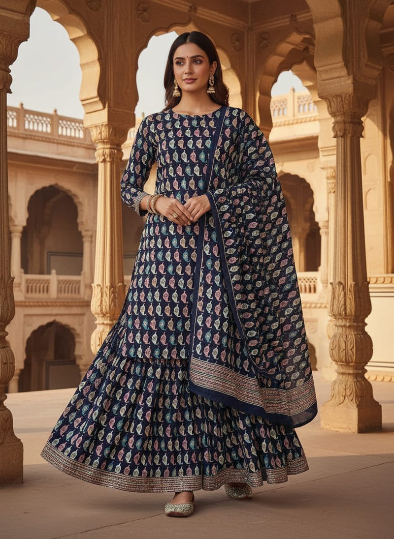 Navy Geometric Ethnic Motif Upada Silk Digital Printed Fabric