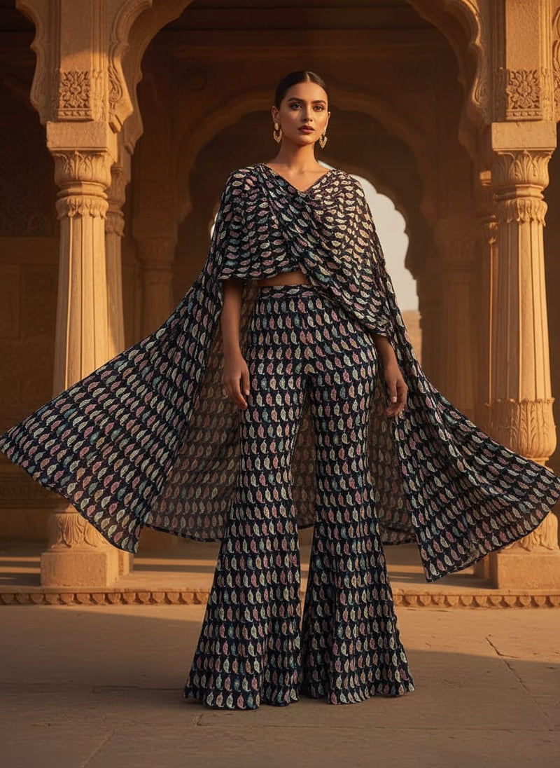 Navy Geometric Ethnic Motif Upada Silk Digital Printed Fabric