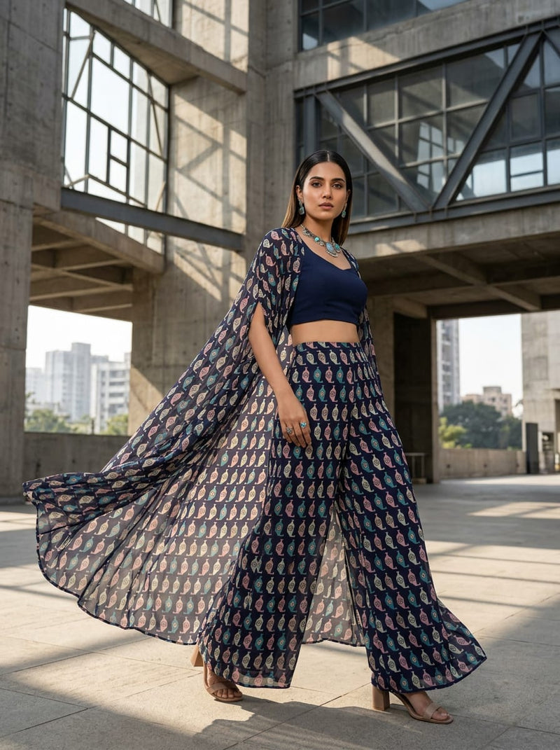 Navy Geometric Ethnic Motif Pure Georgette Digital Printed Fabric