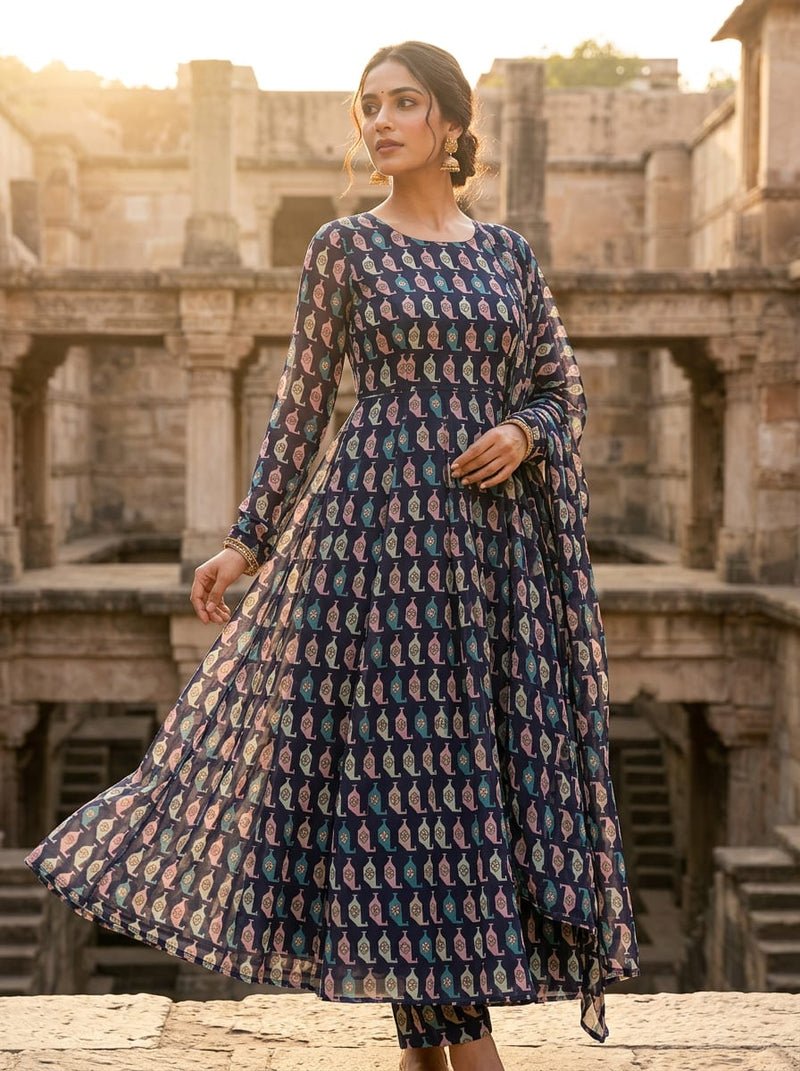 Navy Geometric Ethnic Motif Pure Georgette Digital Printed Fabric