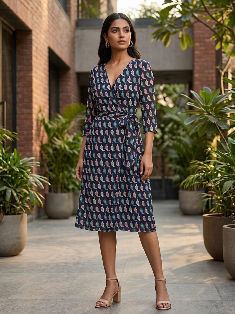 Navy Geometric Ethnic Motif Pure Georgette Digital Printed Fabric