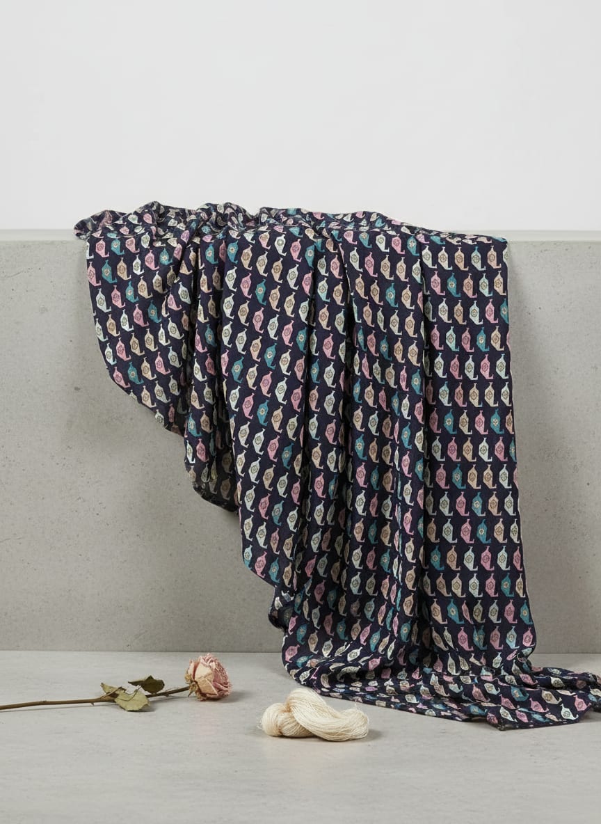 Multicolor Geometric Ethnic Vessel Print Pure Chinon Digital Printed Fabric