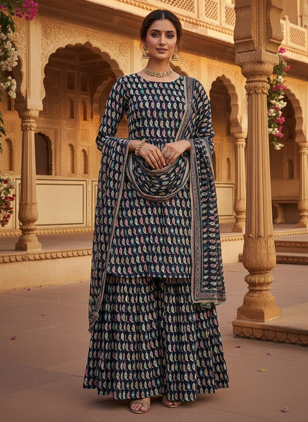 Stylized Leaf Motif Allover Digital Printed Fabric - Pure Chinon - Sharara Set Lookbook - PC-0-TA07535-106 - alternate view