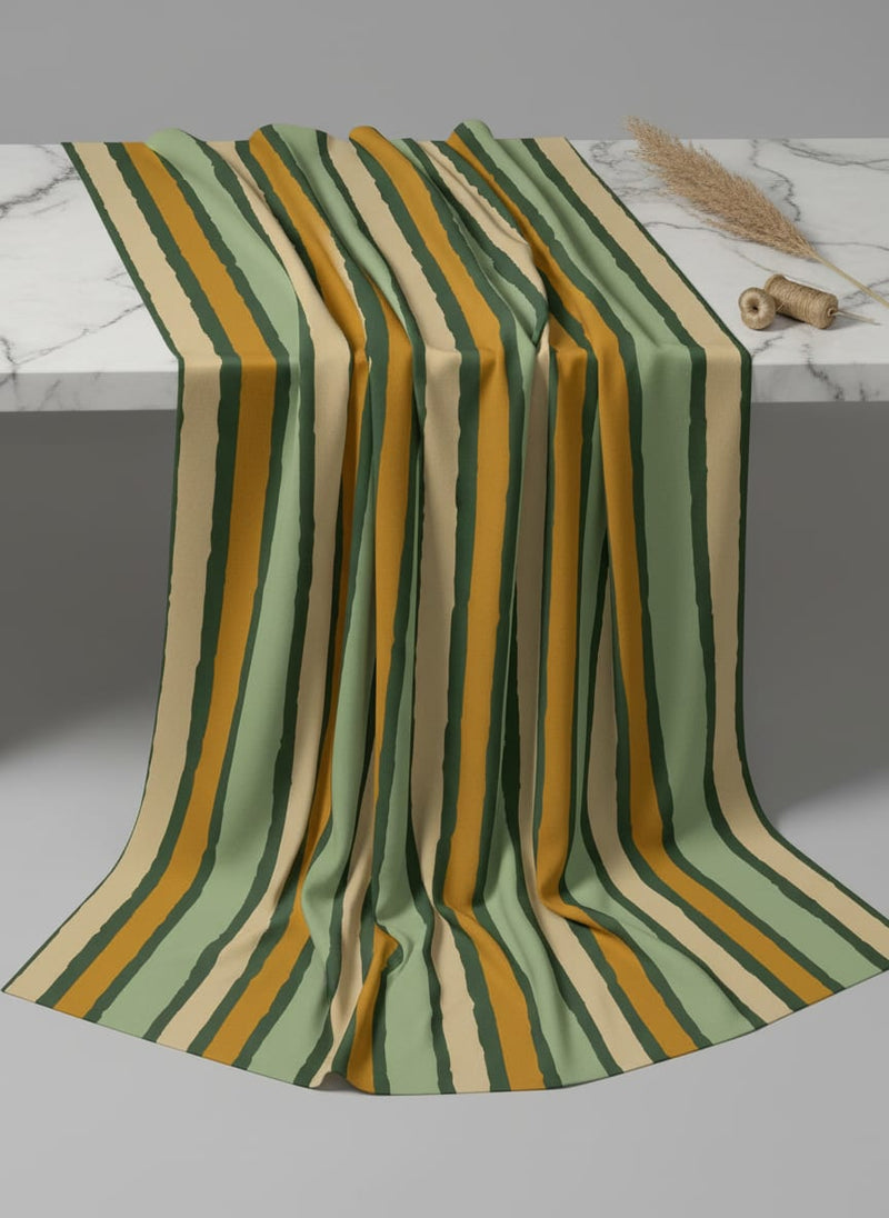 Yellow Green Stripes Digital Printed Fabric - Japan Satin