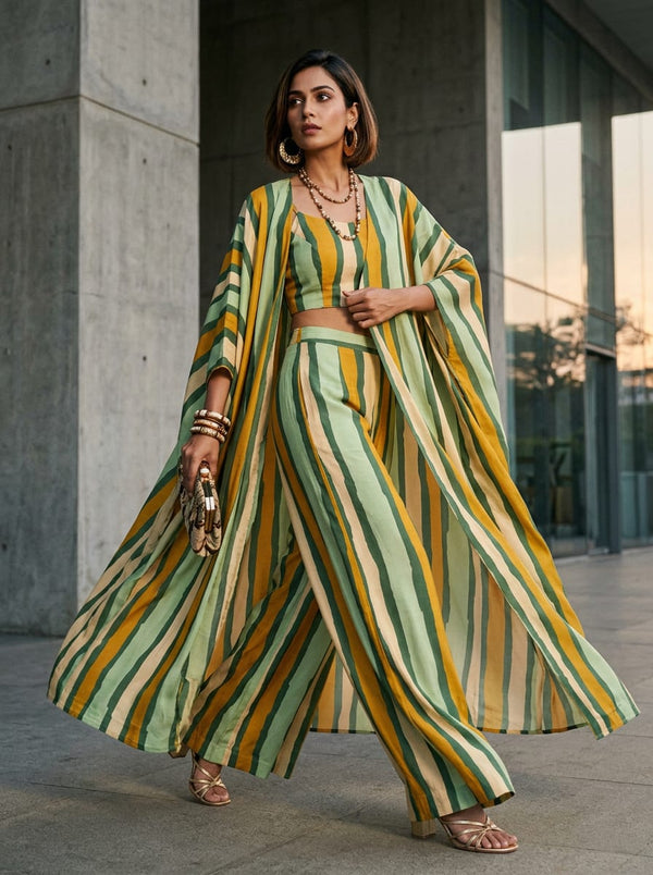 Multicolor Earthy Wavy Stripes Tusser Silk Digital Printed Fabric - Cape with Palazzo Lookbook - TS-0-TA07540-110 - alternate view