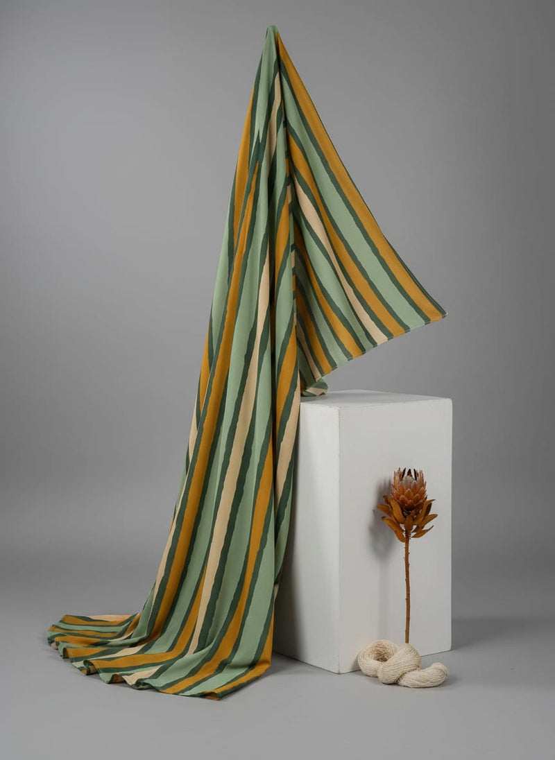 Yellow Green Stripes Digital Printed Fabric - Kora Silk