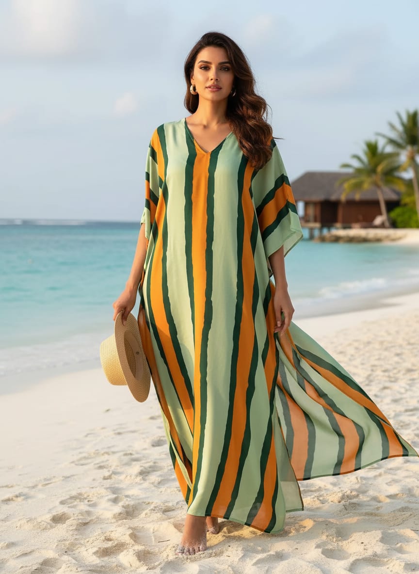 Yellow Green Stripes Digital Printed Fabric - Muslin