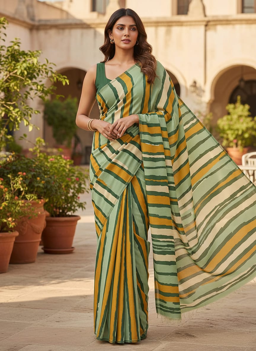Yellow Green Stripes Digital Printed Fabric - Crepe