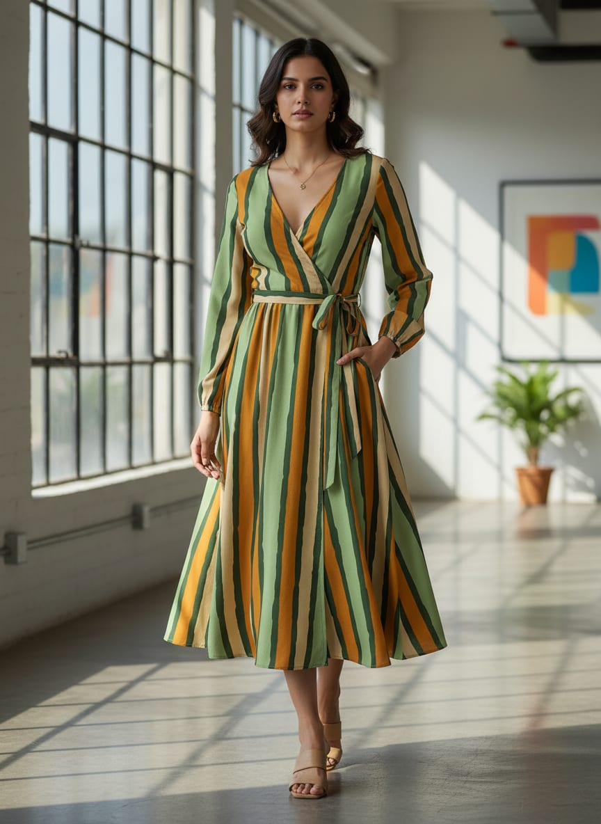 Yellow Green Stripes Digital Printed Fabric - Crepe