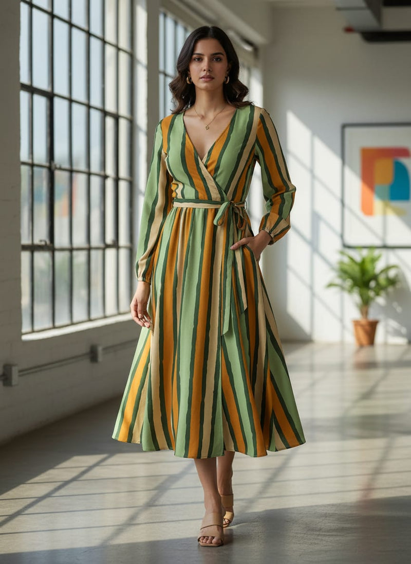 Yellow Green Stripes Digital Printed Fabric - Crepe