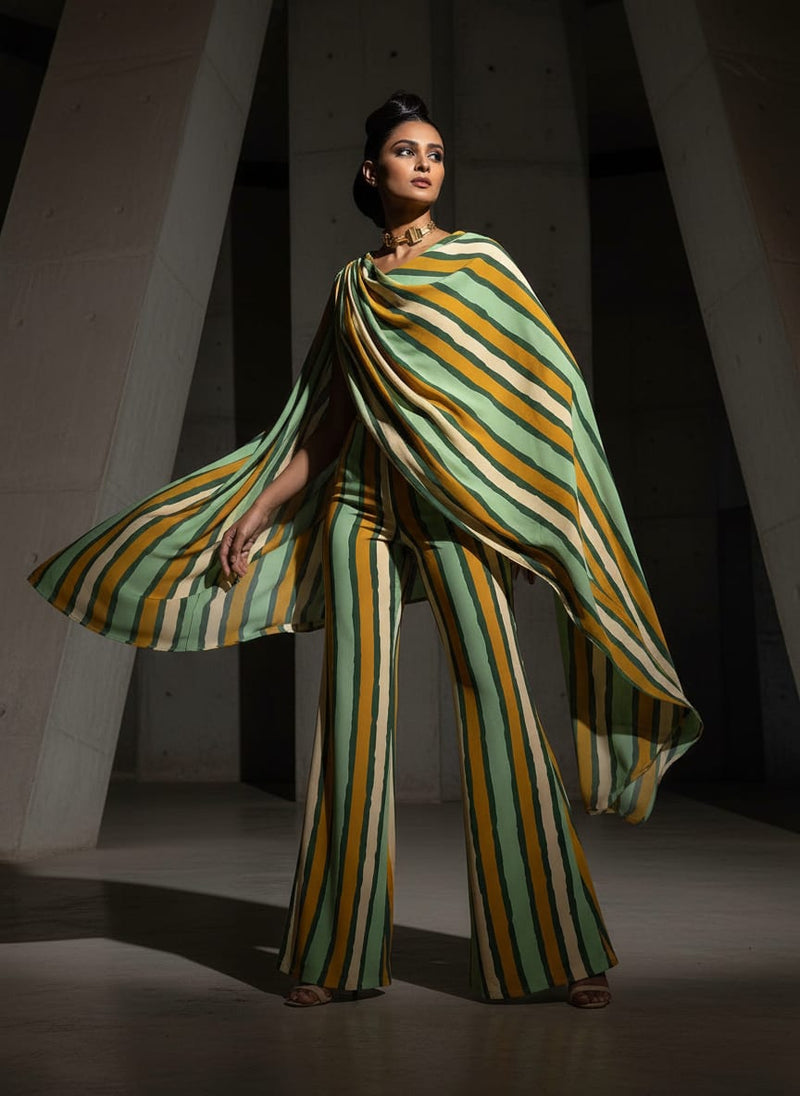 Yellow Green Stripes Digital Printed Fabric - Crepe